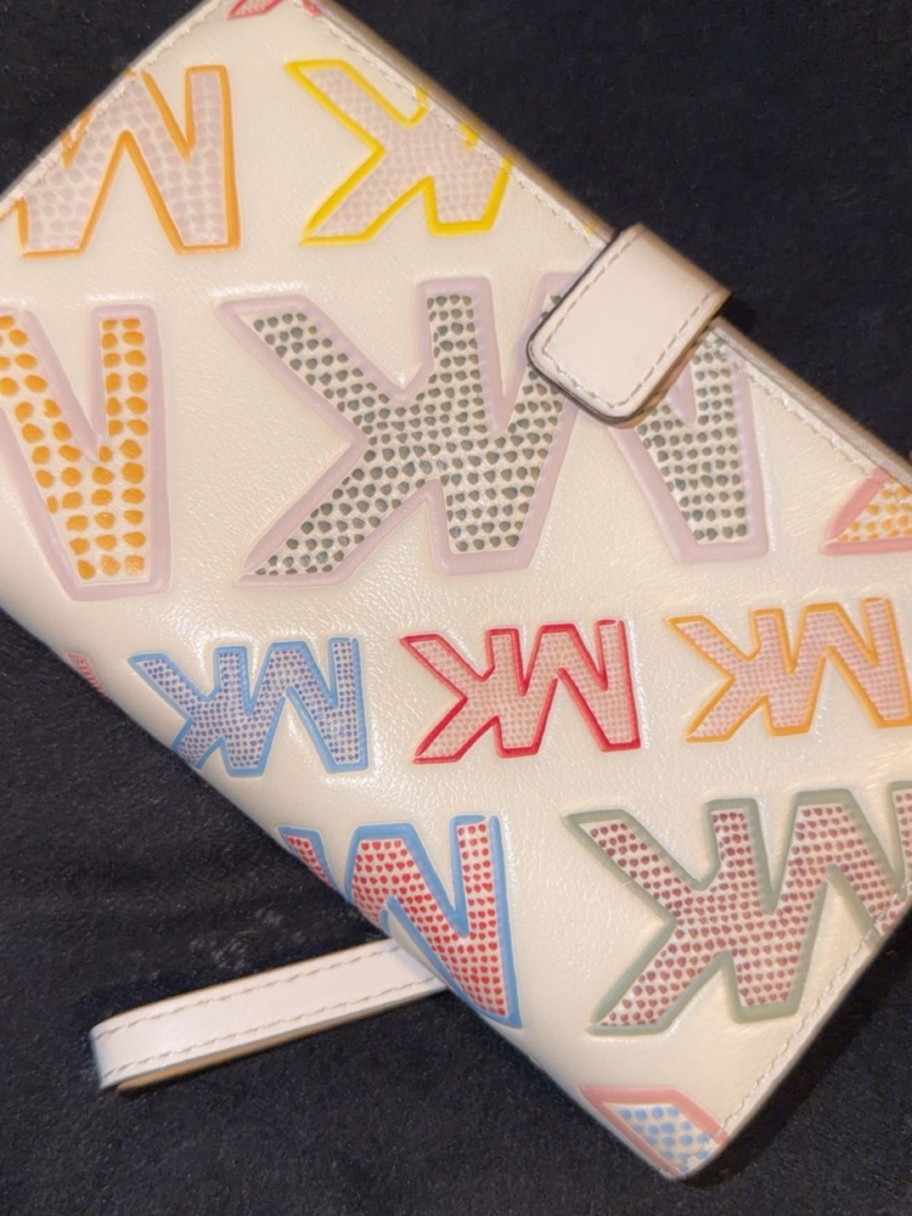 Michael Kors White Leather Wristlet with Multicolor MK Print - Picture 2 of 3